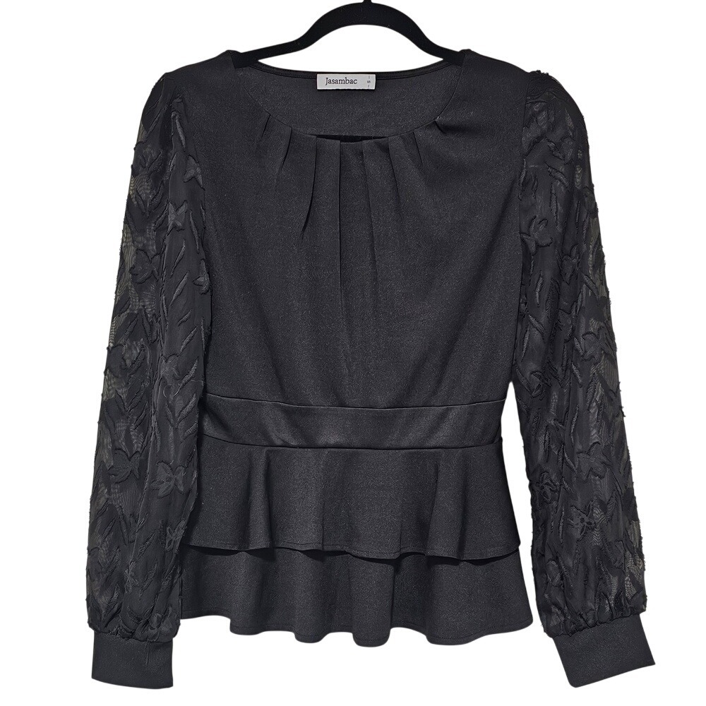 Small Peplum Top Black Sheer Floral Mesh Sleeve Tiered Whimsygoth‎ Corp Goth ~